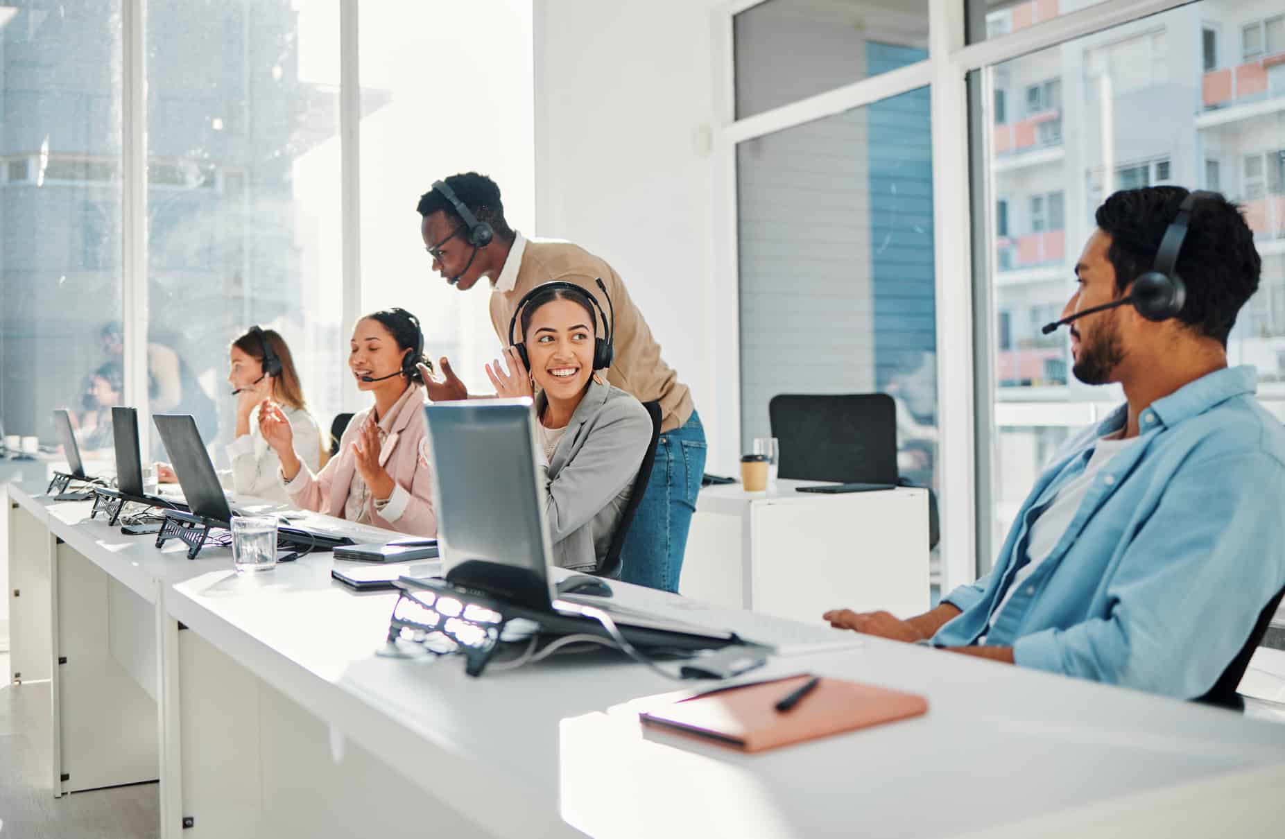 Call center, computer training and people or manager with technical support, system management and .
